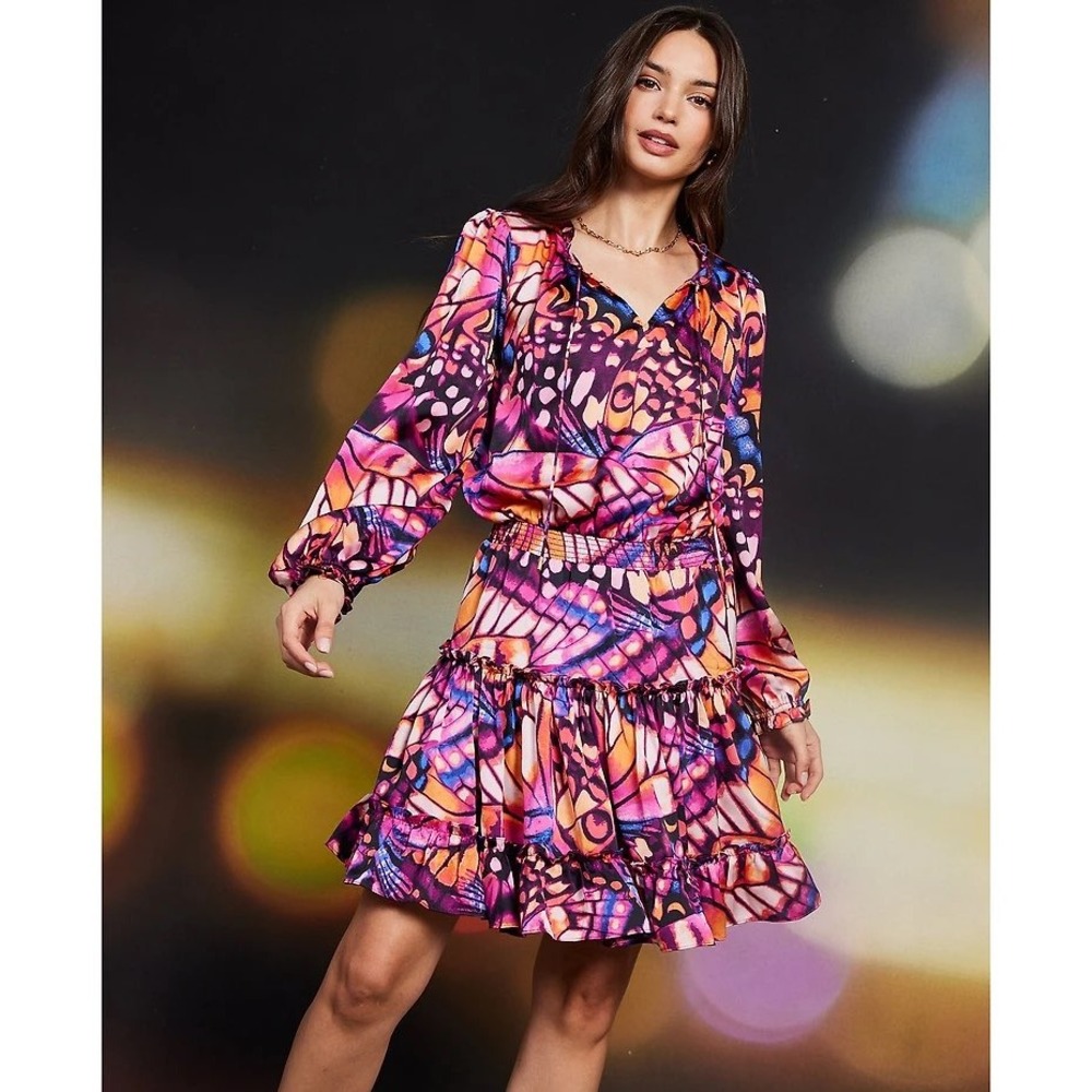 Skies Are Blue Butterfly Print Ruffle Mini Dress‎ Long Sleeve Keyhole Tie New XS